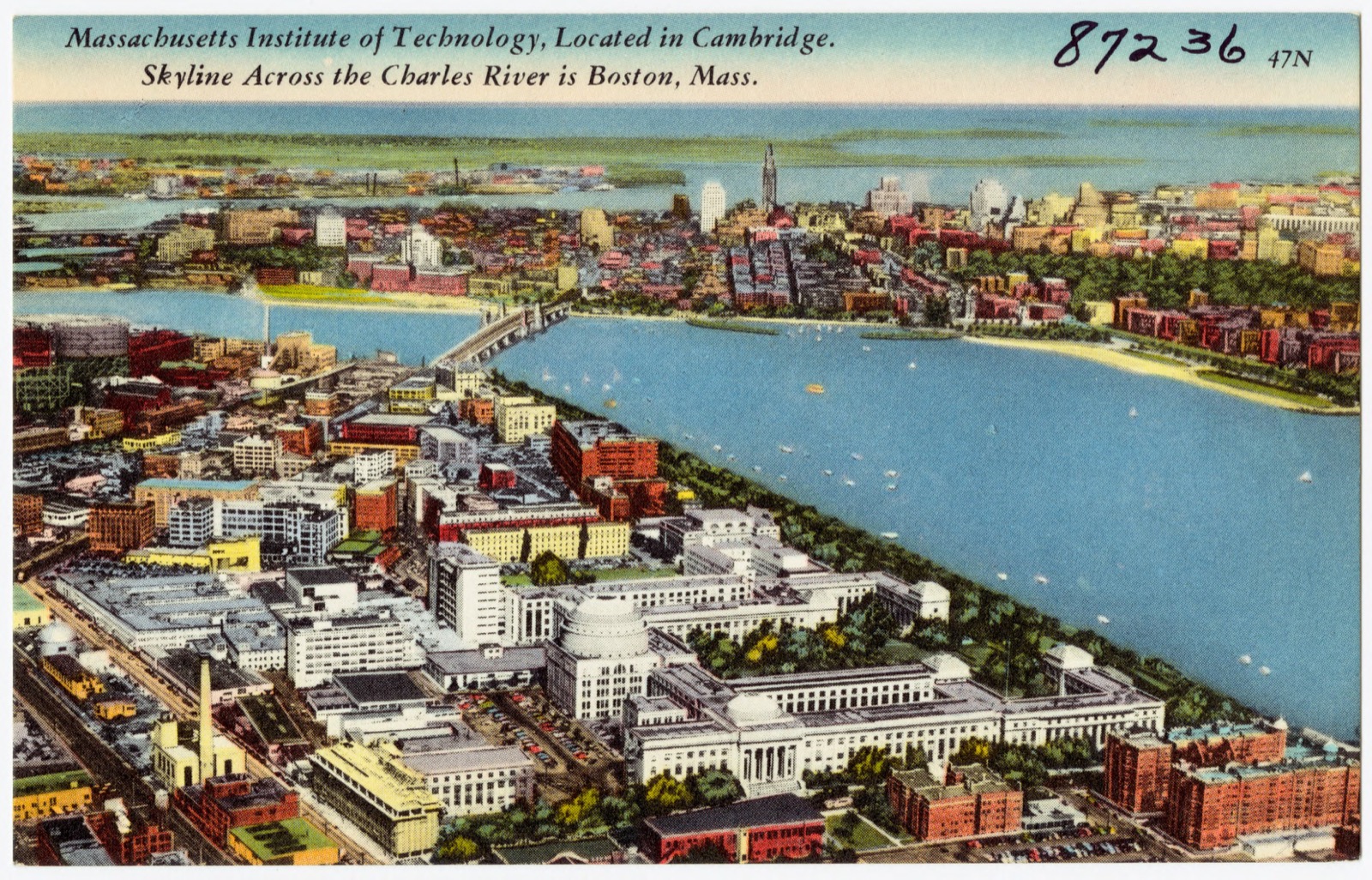 A vintage postcard view of MIT beside the Charles River with sailboats