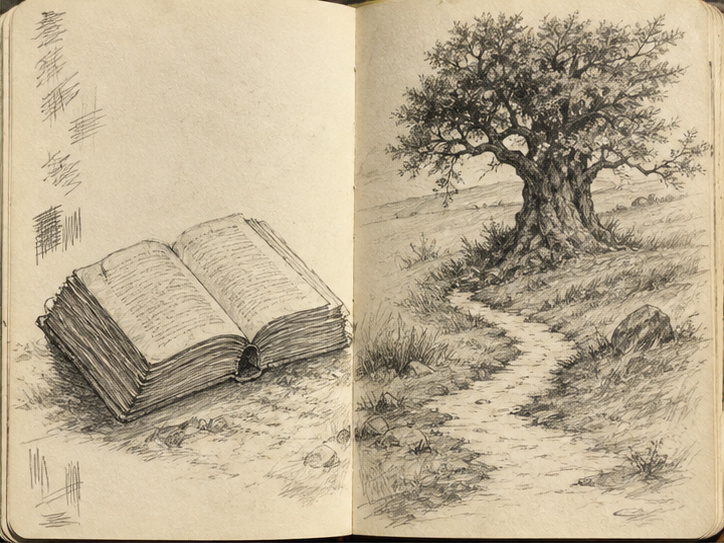 A graphite notebook sketch of an old book, tree, and winding path